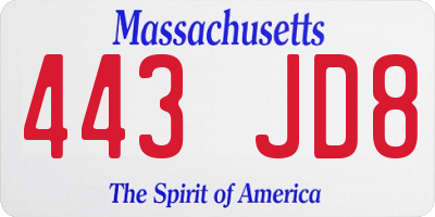 MA license plate 443JD8