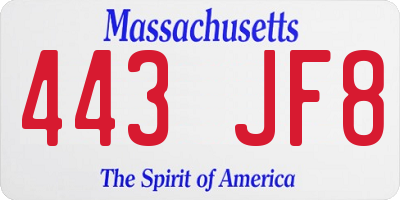 MA license plate 443JF8