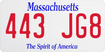 MA license plate 443JG8