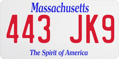 MA license plate 443JK9