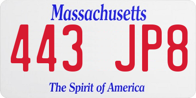 MA license plate 443JP8