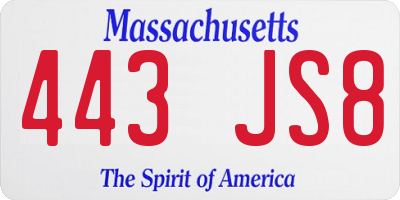 MA license plate 443JS8