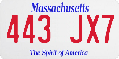 MA license plate 443JX7