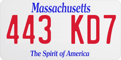 MA license plate 443KD7