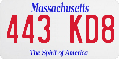 MA license plate 443KD8