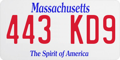 MA license plate 443KD9