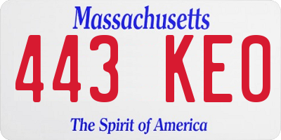 MA license plate 443KE0