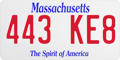 MA license plate 443KE8