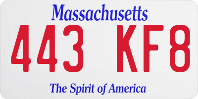 MA license plate 443KF8