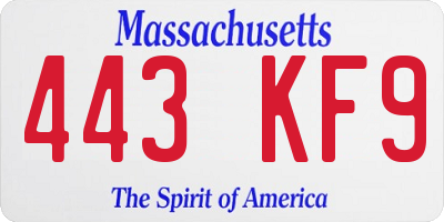 MA license plate 443KF9