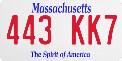 MA license plate 443KK7