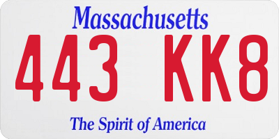 MA license plate 443KK8