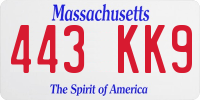 MA license plate 443KK9