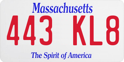 MA license plate 443KL8