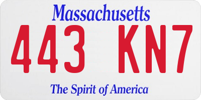 MA license plate 443KN7