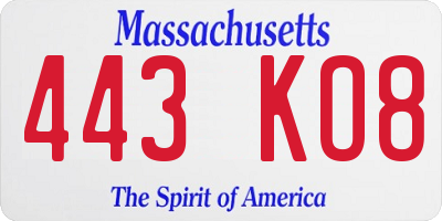 MA license plate 443KO8