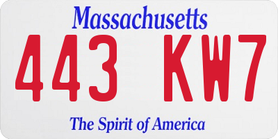 MA license plate 443KW7