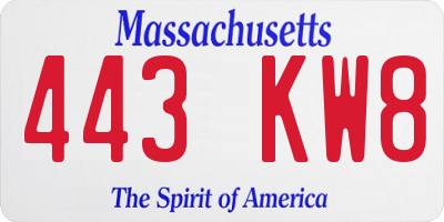 MA license plate 443KW8