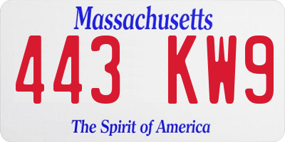 MA license plate 443KW9