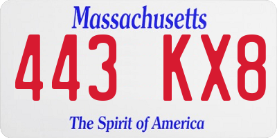 MA license plate 443KX8