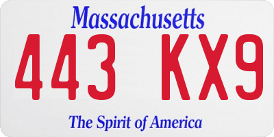 MA license plate 443KX9