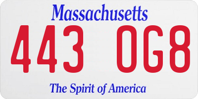 MA license plate 443OG8