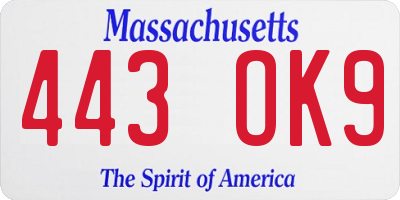MA license plate 443OK9