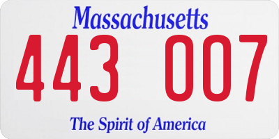 MA license plate 443OO7