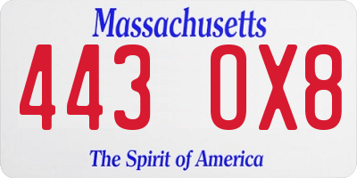 MA license plate 443OX8