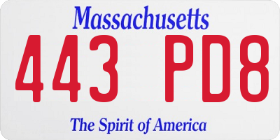 MA license plate 443PD8