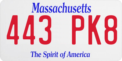 MA license plate 443PK8