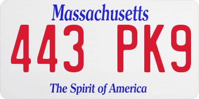 MA license plate 443PK9