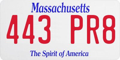 MA license plate 443PR8