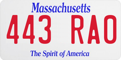 MA license plate 443RA0