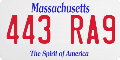 MA license plate 443RA9