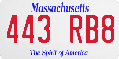 MA license plate 443RB8