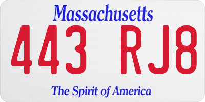 MA license plate 443RJ8