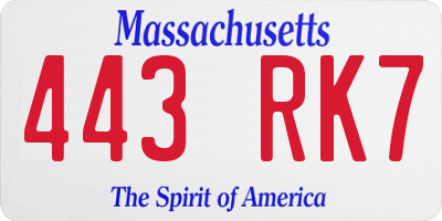 MA license plate 443RK7