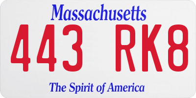 MA license plate 443RK8