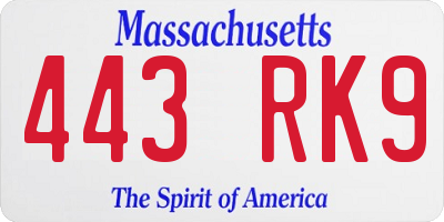 MA license plate 443RK9
