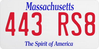 MA license plate 443RS8