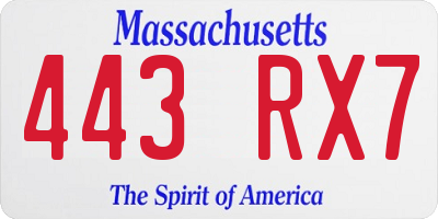 MA license plate 443RX7