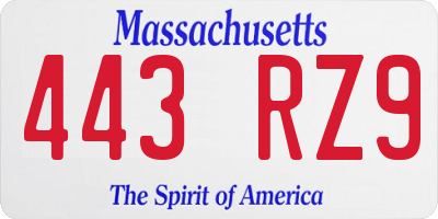 MA license plate 443RZ9