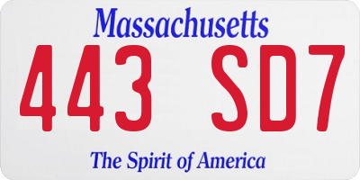 MA license plate 443SD7