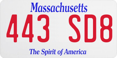 MA license plate 443SD8