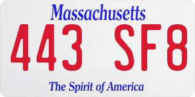 MA license plate 443SF8