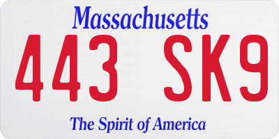 MA license plate 443SK9