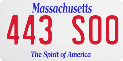 MA license plate 443SO0