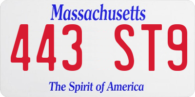 MA license plate 443ST9