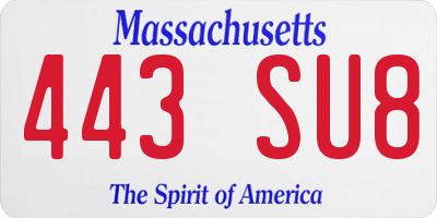 MA license plate 443SU8